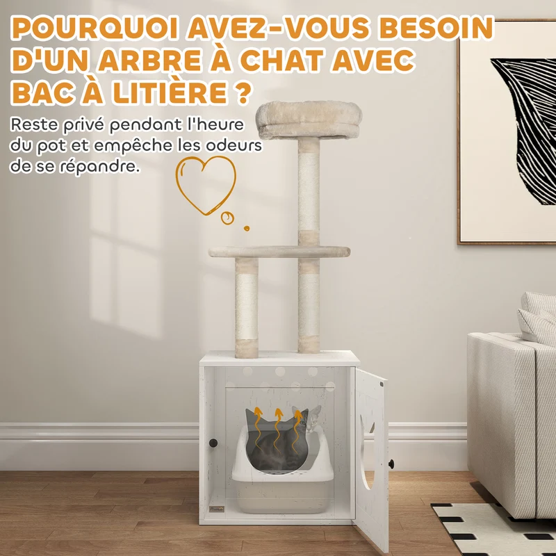 Meuble à litière pour chat avec arbre intégré compact 47 x 52 x 129 cm cache litière anti odeurs moderne en MDF crème 21_0007796