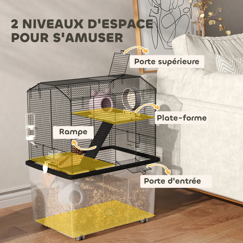 Cage pour rongeur 3 étages 57 x 43 x 74 cm plateformes base profonde accès facile cosy style contemporain en acier noir 21_0007987