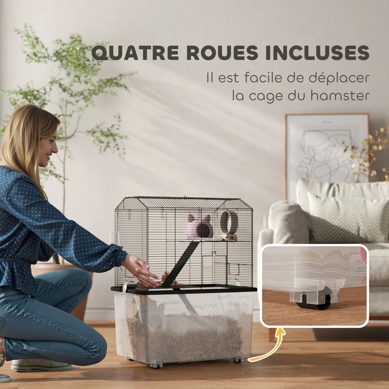 Cage pour rongeur 3 étages 57 x 43 x 74 cm plateformes base profonde accès facile cosy style contemporain en acier noir 21_0007987