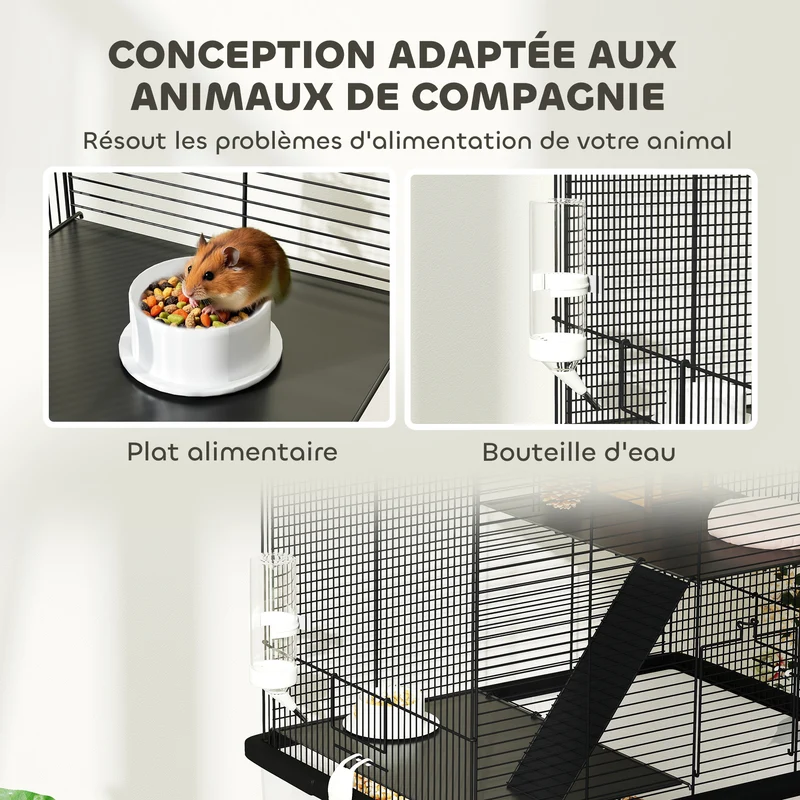 Cage pour rongeur 3 étages 57 x 43 x 74 cm plateformes base profonde accès facile cosy style contemporain en acier noir 21_0007987