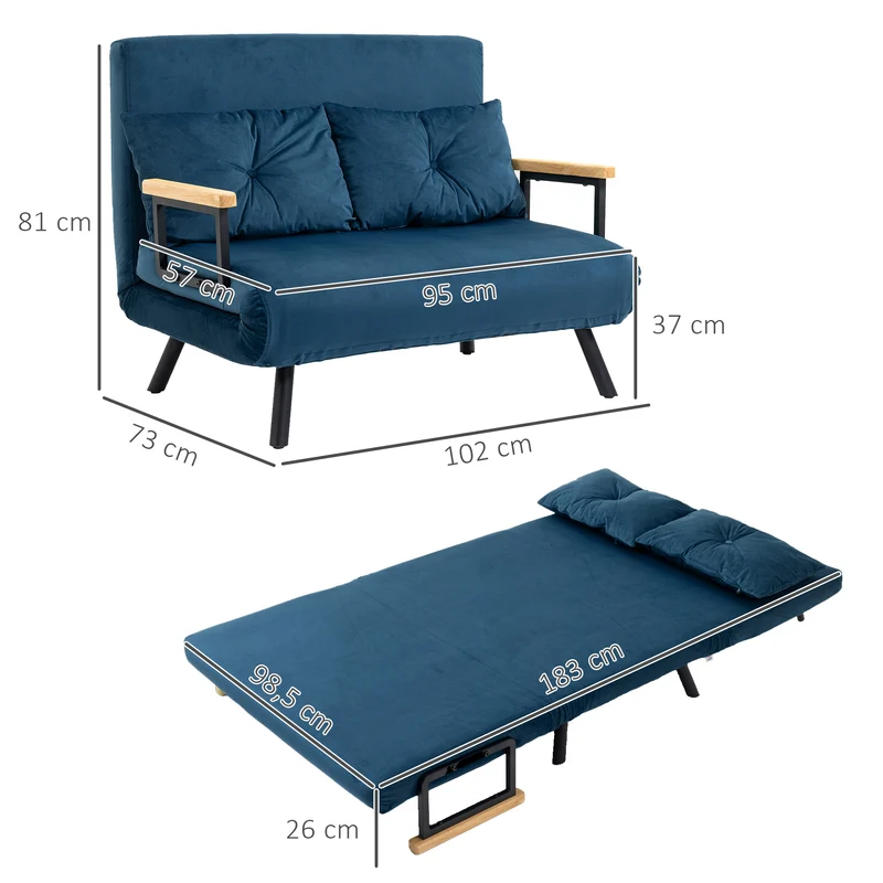 Canapé convertible 2 places 102 x 73 x 81 cm dossier 5 positions assise rembourrée moderne scandinave en polyester bleu 21_0003143