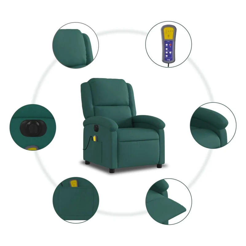 Fauteuil de relaxation TV fonction massage inclinable électrique 6 points de massage en tissu vert foncé DEC027280