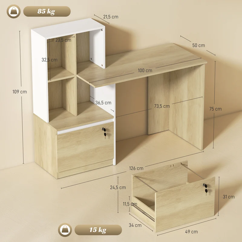 Bureau informatique avec 4 compartiments 126 x 50 x 109 cm grand plateau tiroir verrouillable moderne en mélamine chêne 21_0002561
