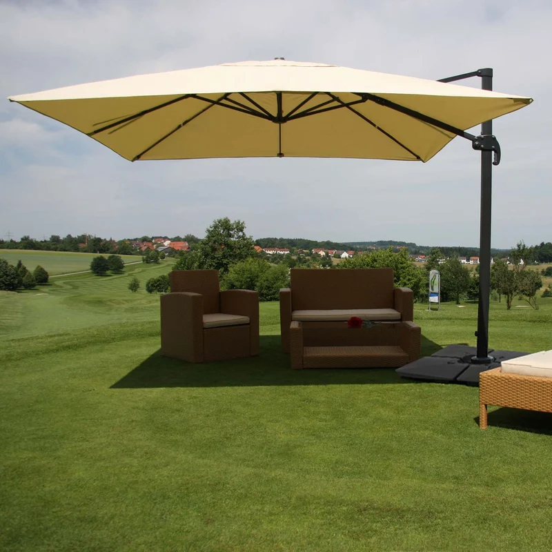 Parasol professionnel restaurant pour jardin terrasse, 3x4m (Ø5m) polyester/aluminium 26kg crème avec pied, rotatif 04_0003503