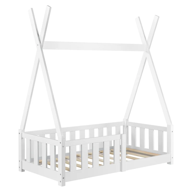 Lit d'enfant cabane avec matelas et barrière de protection en pin contreplaqué blanc 03_0001670