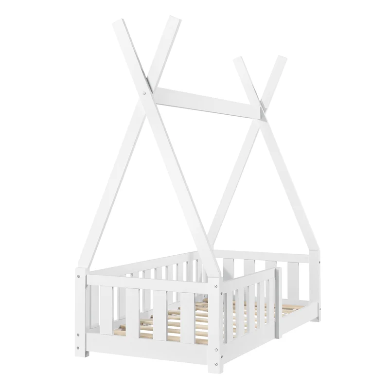 Lit d'enfant cabane avec matelas et barrière de protection en pin contreplaqué blanc 03_0001670