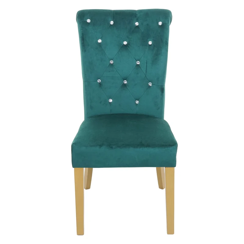 Lot de 2 chaises à manger cuisine en velours vert avec décoration bouton cristal pieds bois clairs 04_0000351