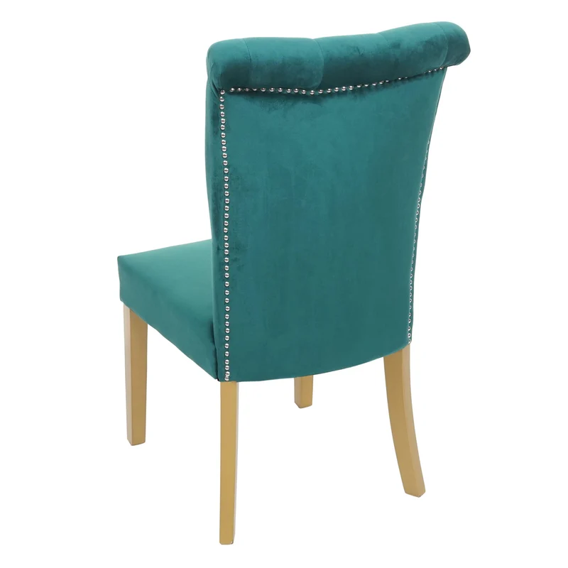 Lot de 2 chaises à manger cuisine en velours vert avec décoration bouton cristal pieds bois clairs 04_0000351