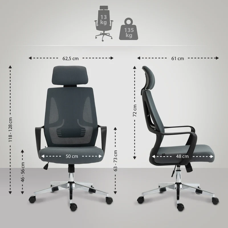 Fauteuil de bureau ergonomique en maille gris hauteur réglable et siège pivotant repose-tête ajustable BUR10693