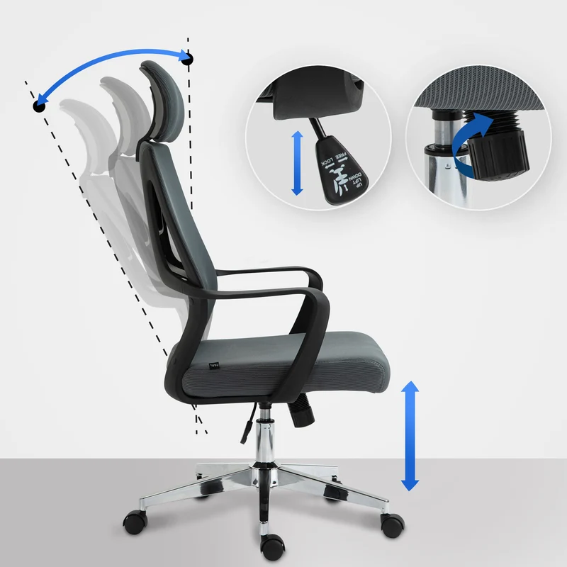 Fauteuil de bureau ergonomique en maille gris hauteur réglable et siège pivotant repose-tête ajustable BUR10693