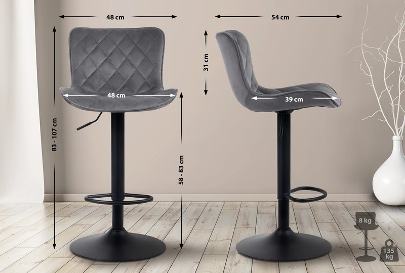 Lot de 2 tabourets de bar en tissu velours gris pieds en métal noir hauteur réglable pivotant TDB10728