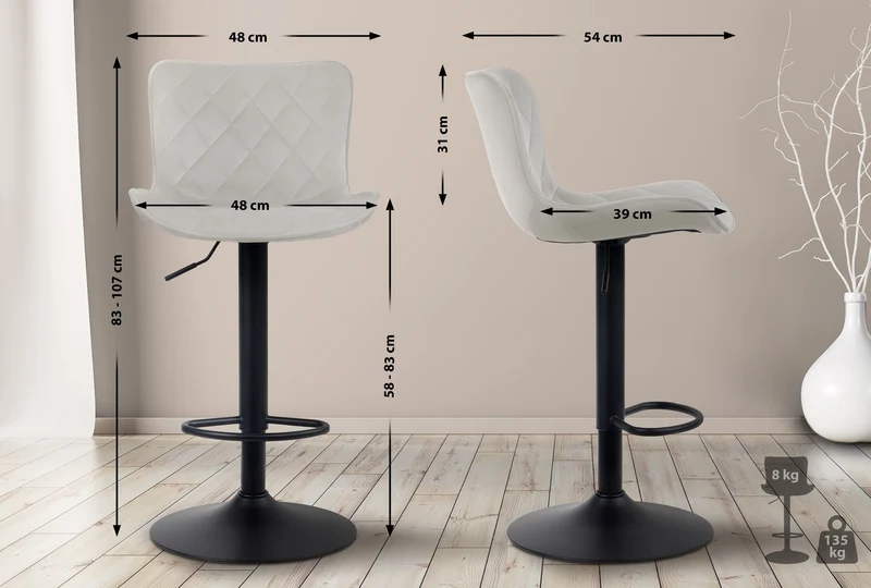 Lot de 2 tabourets de bar en tissu velours crème pieds en métal noir hauteur réglable pivotant TDB10726
