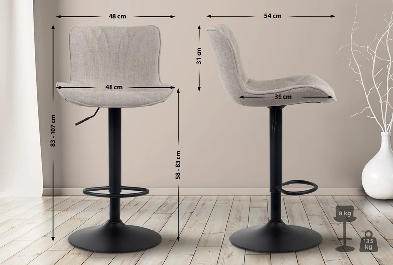Lot de 2 tabourets de bar en tissu taupe pieds en métal noir hauteur réglable pivotant TDB10722