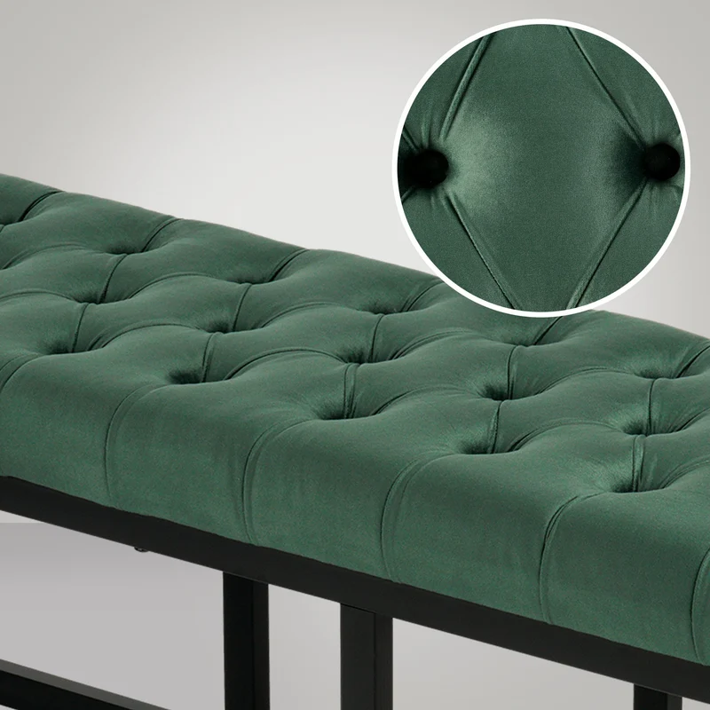 Banquette capitonné bout de lit en tissu velours vert support en métal noir 120 cm BAN10111