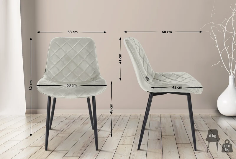 Lot de 4 chaises de salle à manger en tissu velours confortable crème pieds métal noir couture losange CDS10425