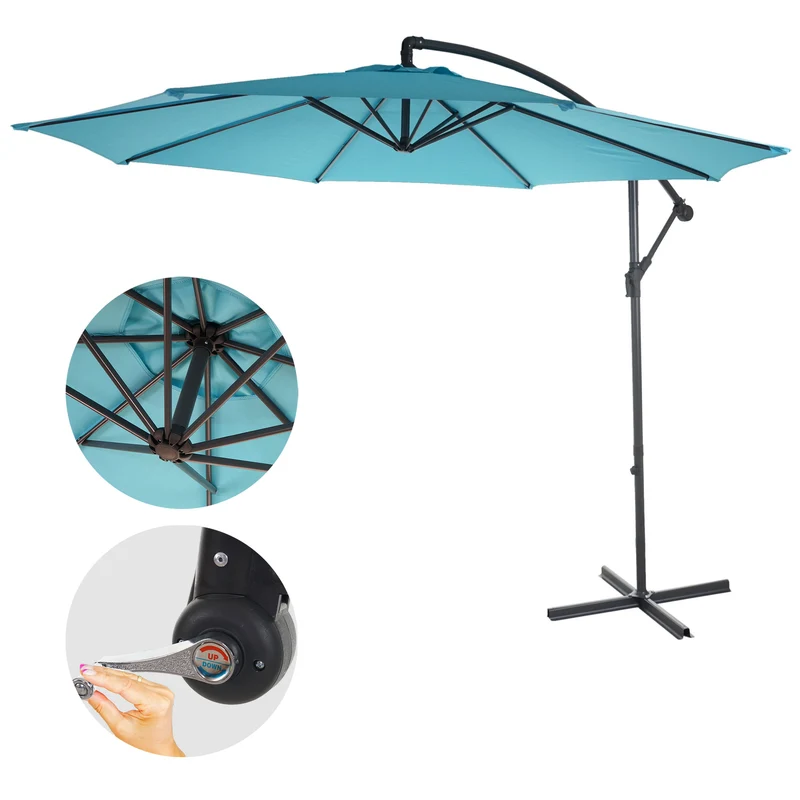 Parasol déporté protection solaire Ø 3m inclinable polyester/acier 11kg bleu sans support 04_0000949