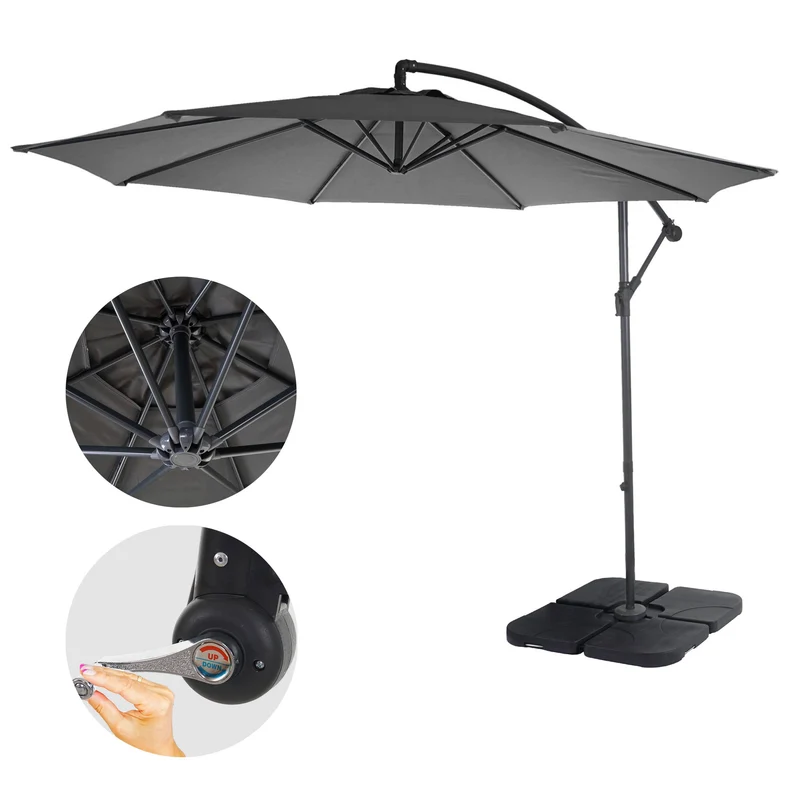 Parasol déporté protection solaire Ø 3m inclinable polyester/acier 11kg gris avec support 04_0000944