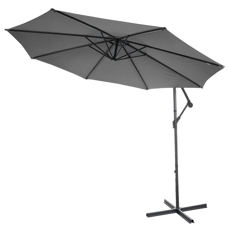 Parasol déporté protection solaire Ø 3m inclinable polyester/acier 11kg gris avec support 04_0000944