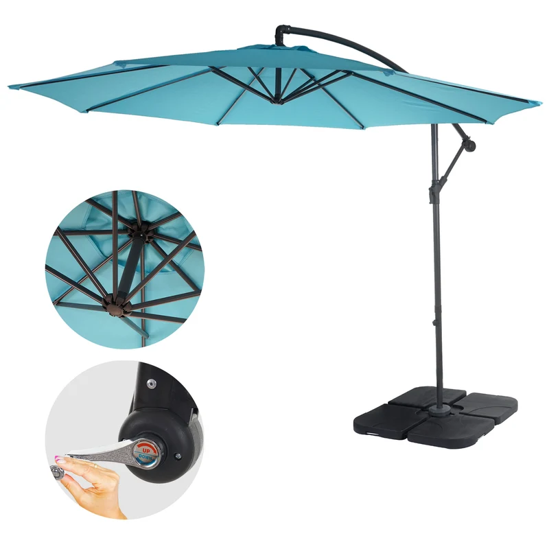 Parasol déporté protection solaire Ø 3m inclinable polyester/acier 11kg bleu avec support 04_0000940