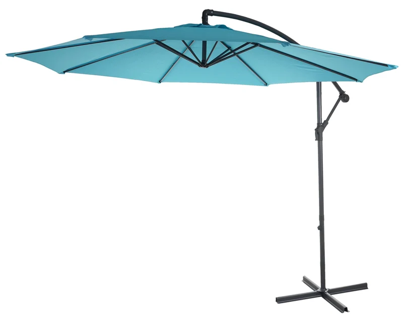 Parasol déporté protection solaire Ø 3m inclinable polyester/acier 11kg bleu avec support 04_0000940