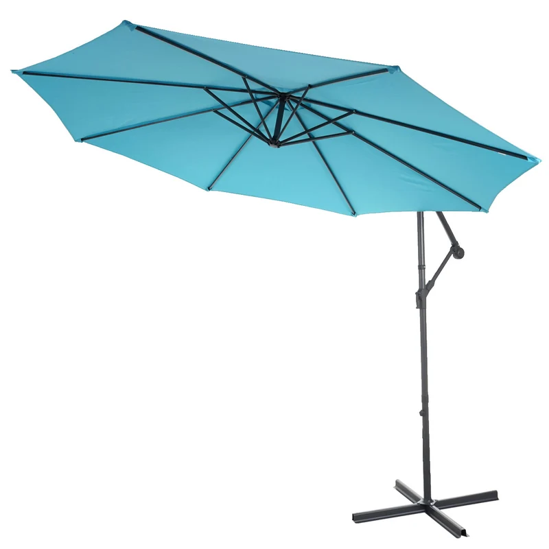 Parasol déporté protection solaire Ø 3m inclinable polyester/acier 11kg bleu avec support 04_0000940
