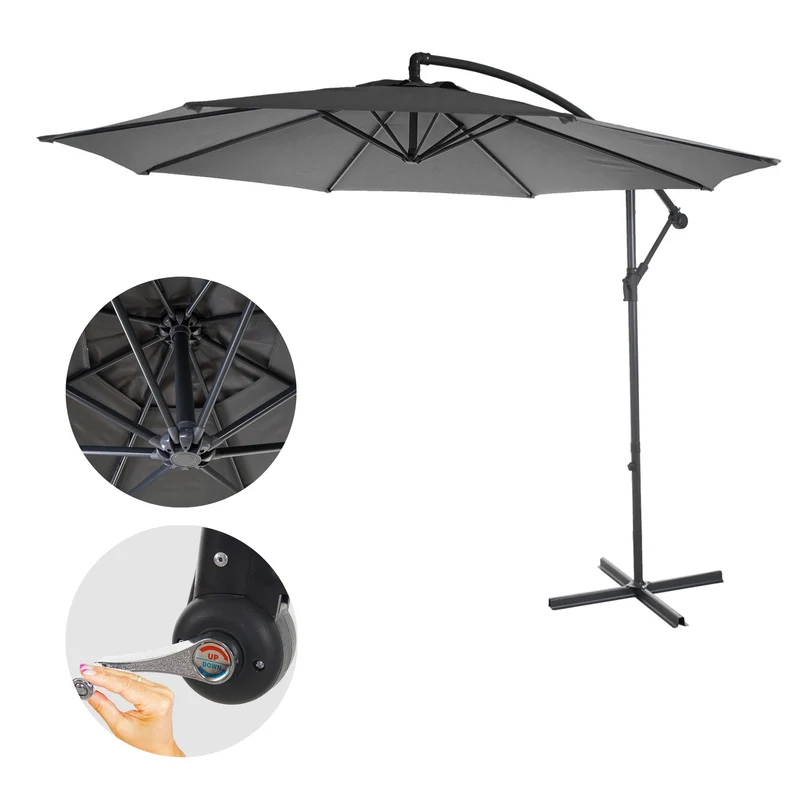 Parasol déporté protection solaire Ø 3m inclinable polyester/acier 11kg gris sans support 04_0000934