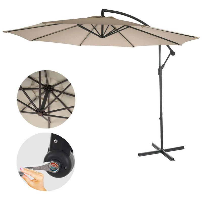 Parasol déporté protection solaire Ø 3m inclinable polyester/acier 11kg beige sable sans support 04_0000948
