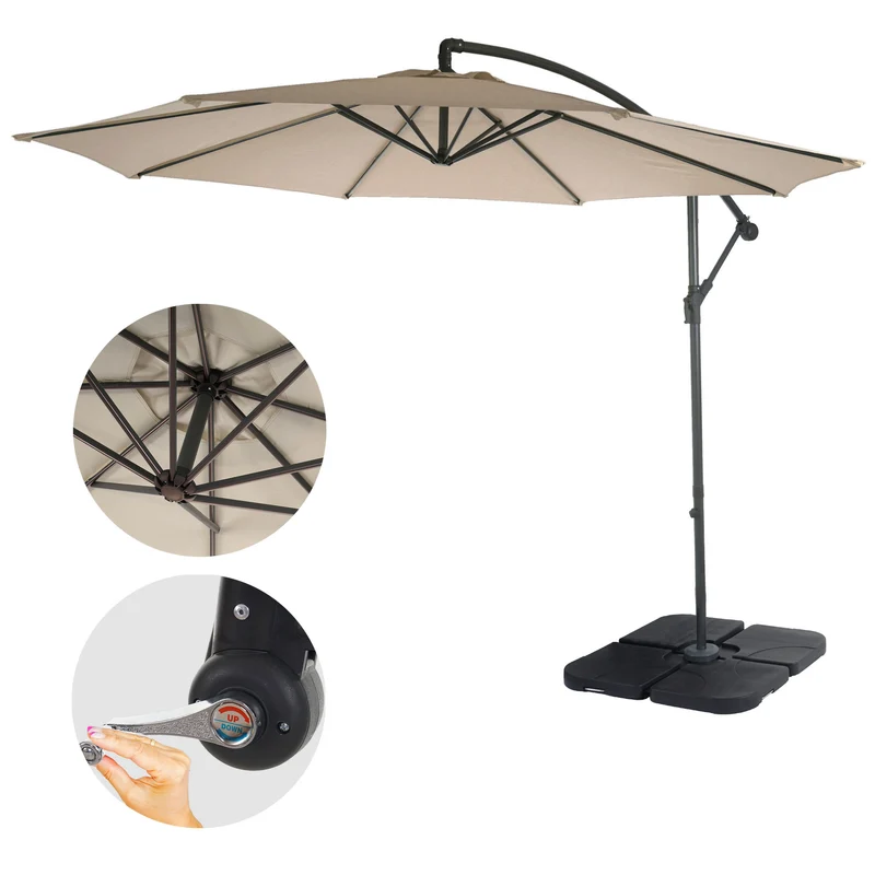 Parasol déporté protection solaire Ø 3m inclinable polyester/acier 11kg beige sable avec support 04_0000947
