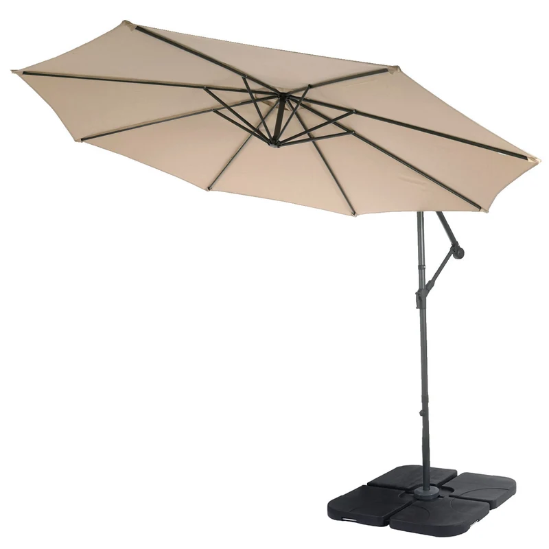 Parasol déporté protection solaire Ø 3m inclinable polyester/acier 11kg beige sable avec support 04_0000947