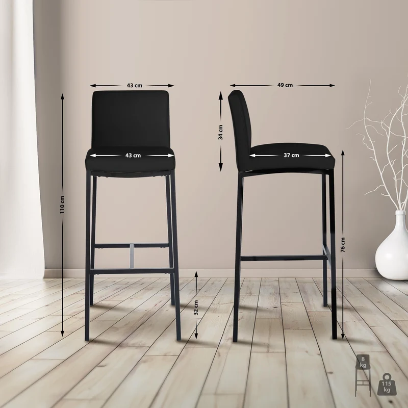 Tabouret de bar x1 design épuré et contemporain en PVC noir cadre à quatre pieds en métal noir 10_0006047