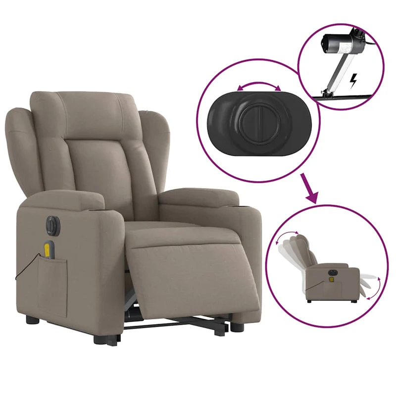 Fauteuil de relaxation fonction massage et inclinable fonction de levage électrique en tissu taupe DEC027865