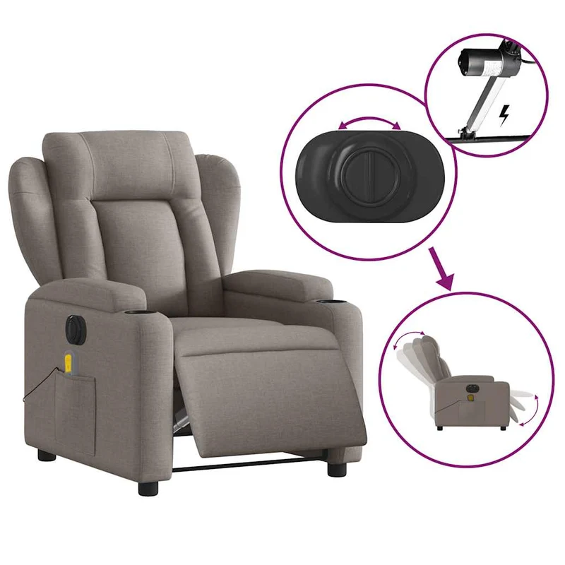 Fauteuil de relaxation TV fonction massage inclinable électrique 6 points de massage en tissu taupe DEC027265