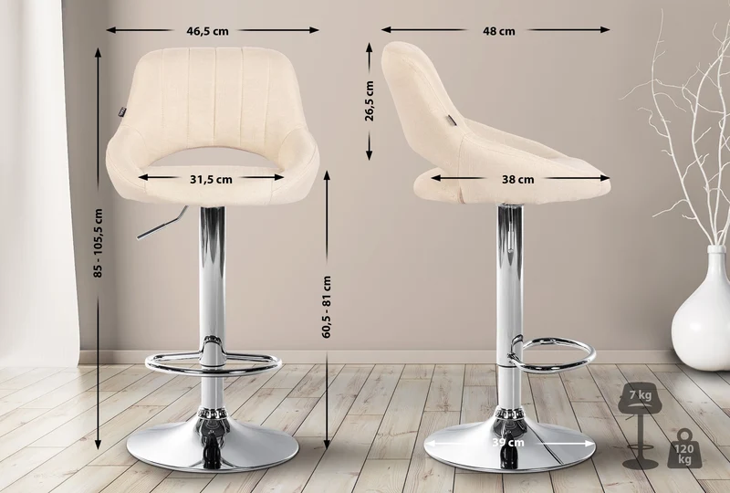 Lot de 2 tabourets de bar avec repose-pieds pivotant et réglable en tissu crème et métal 10_0004356