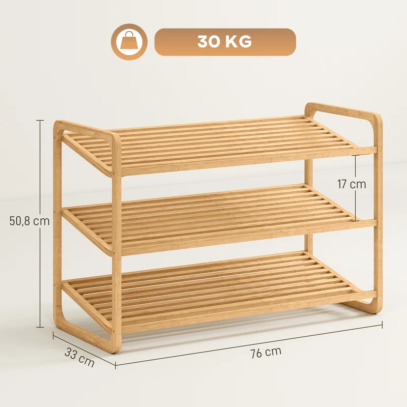 Étagère à chaussures entrée 76 x 33 x 50.8 cm 12 paires 3 niveaux ventilation hydrofuge scandinave en bambou naturel 21_0002970