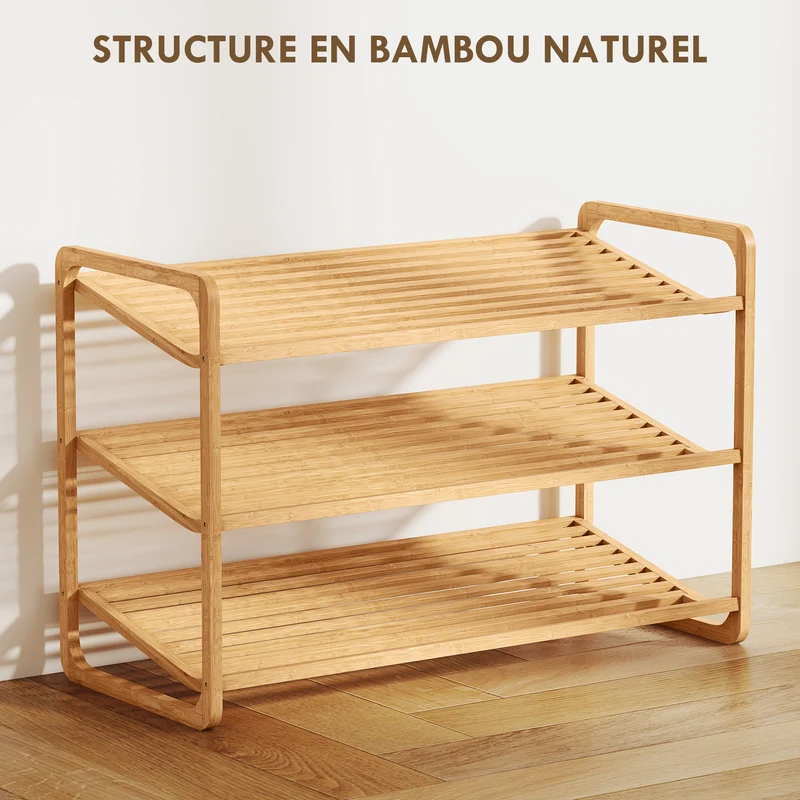 Étagère à chaussures entrée 76 x 33 x 50.8 cm 12 paires 3 niveaux ventilation hydrofuge scandinave en bambou naturel 21_0002970