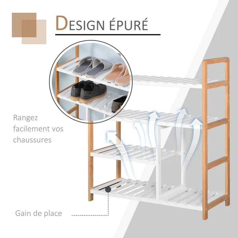 Étagère à chaussures entrée 68 x 26 x 78 cm 4 niveaux rangement pour 12 paires scandinave épuré en bois de pin blanc 21_0002617