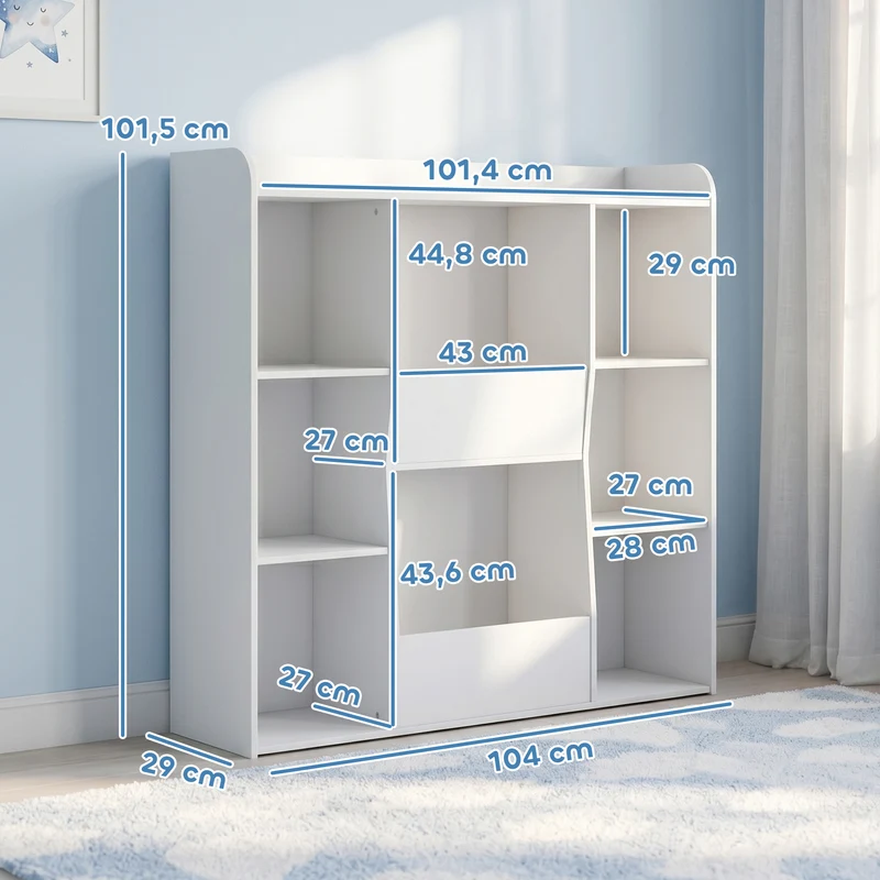 Étagère rangement enfant 8 cases 104 x 29 x 101,5 cm anti basculement stable accessible enfants moderne en MDF blanc 21_0000180