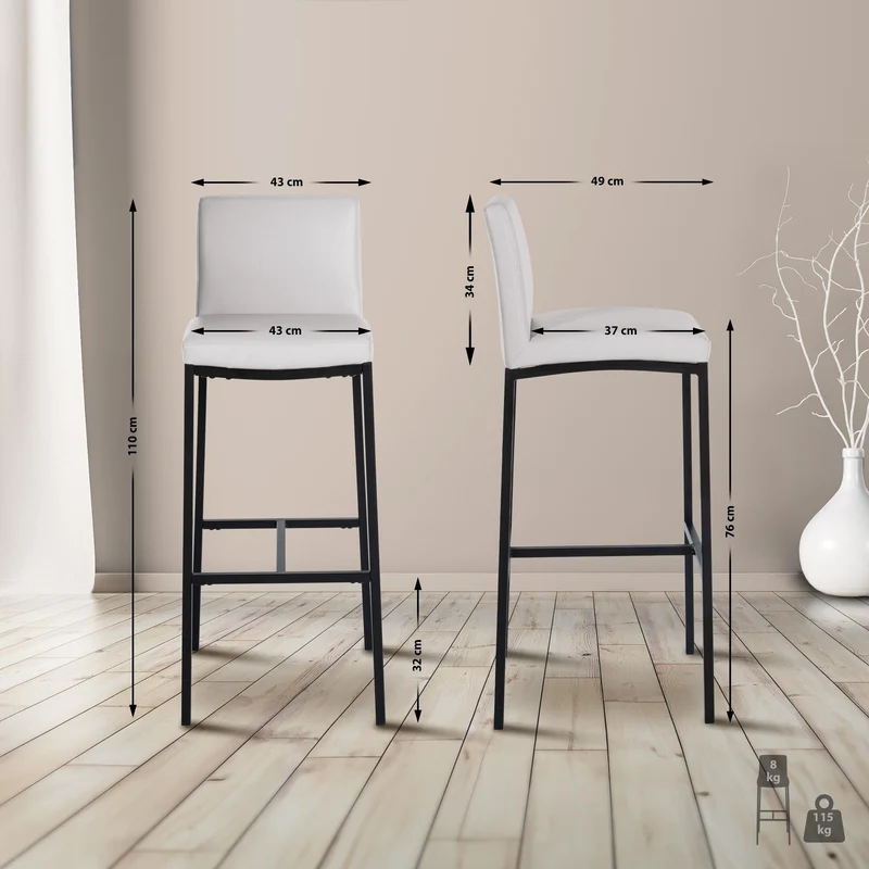 Lot de 2 tabourets de bar design épuré et contemporain en PVC blanc cadre à quatre pieds en métal noir 10_0006628