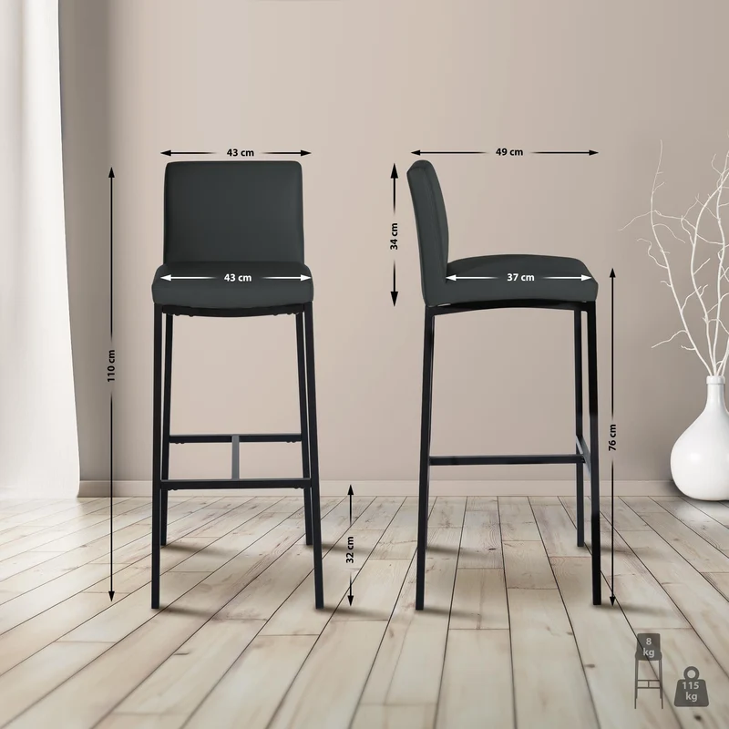 Tabouret de bar x1 design épuré et contemporain en PVC gris foncé cadre à quatre pieds en métal noir 10_0006515