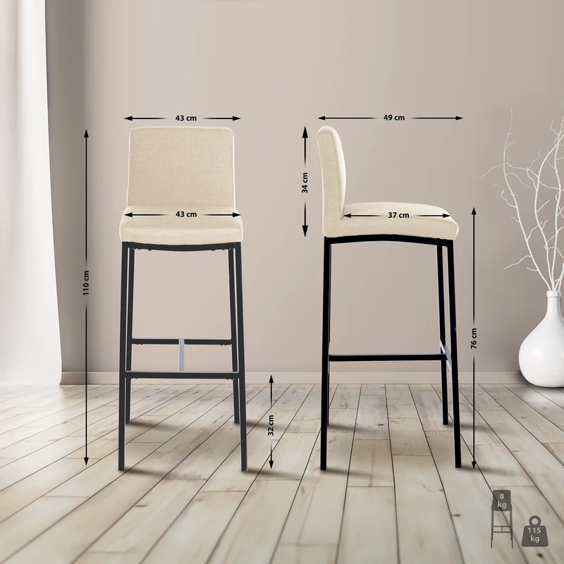 Tabouret de bar x1 design épuré et contemporain en tissu crème cadre à quatre pieds en métal noir 10_0006111
