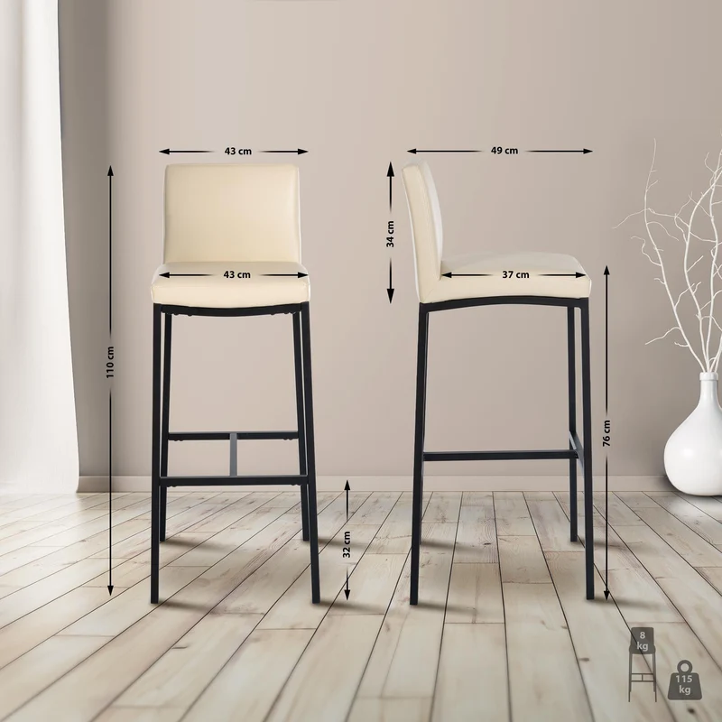 Lot de 2 tabourets de bar design épuré et contemporain en PVC crème cadre à quatre pieds en métal noir 10_0006416
