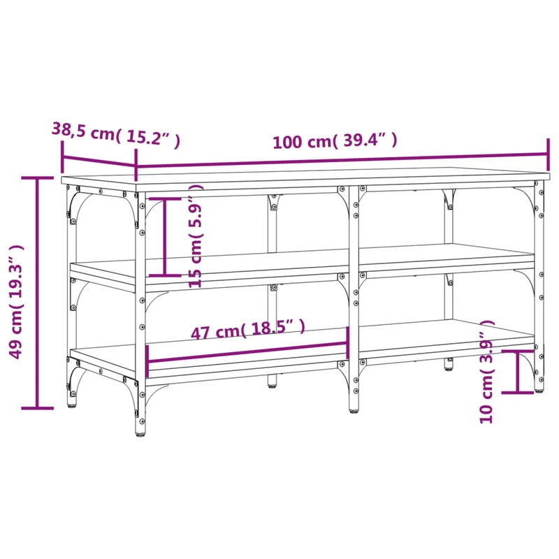 Banc à chaussures avec 3 étagères de rangement 100 x 38,5 x 49 cm en bois d'ingénierie couleur chêne fumé DEC024833