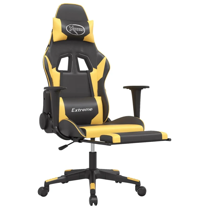 Fauteuil de bureau chaise gaming avec coussin lombaire et repose-pied en PVC doré et noir DEC025876