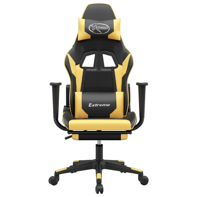 Fauteuil de bureau chaise gaming avec coussin lombaire et repose-pied en PVC doré et noir DEC025876