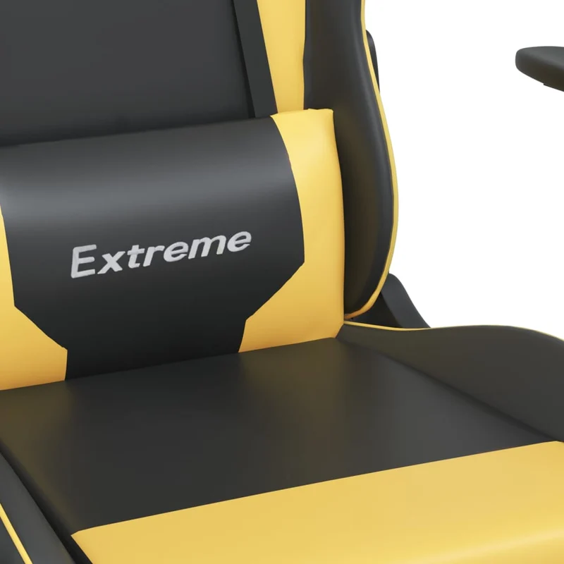 Fauteuil de bureau chaise gaming avec coussin lombaire et repose-pied en PVC doré et noir DEC025876
