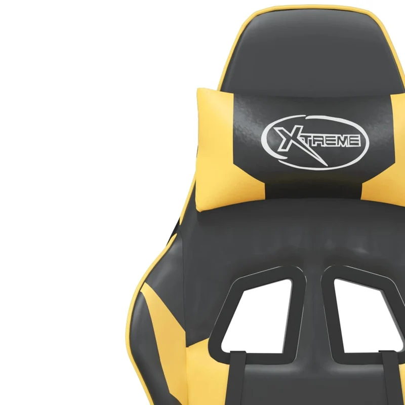 Fauteuil de bureau chaise gaming avec coussin lombaire et repose-pied en PVC doré et noir DEC025876