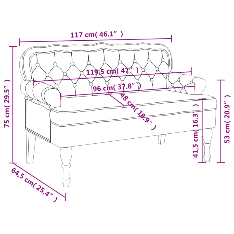Banquette canapé avec dossier capitonné et accoudoirs 119,5 x 64,5 x 75 cm en velours gris DEC024647