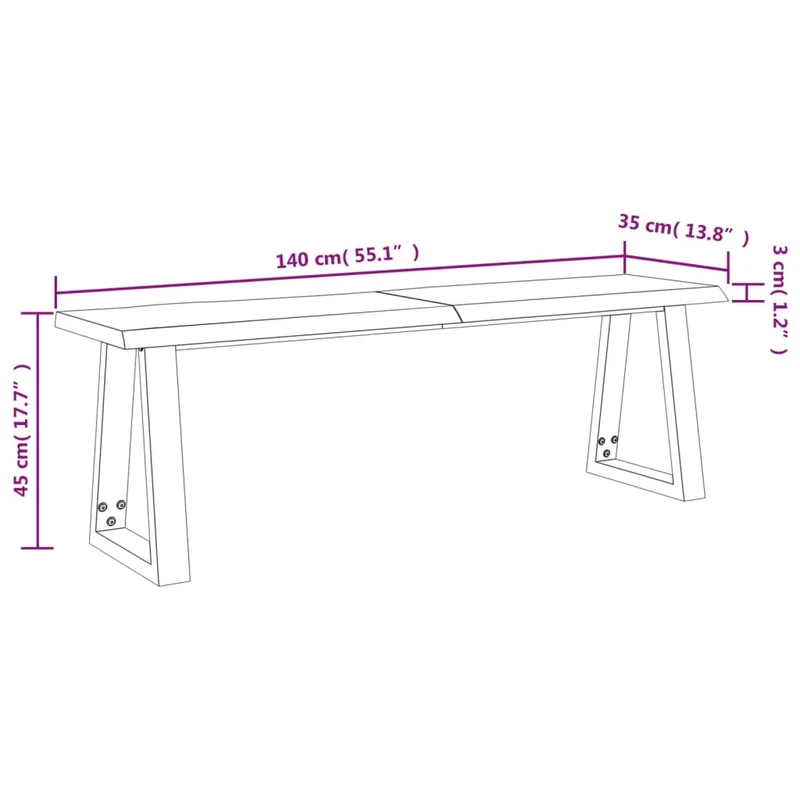 Banc design rustique 140 cm en bois d'acacia massif brun pieds en forme de U en acier DEC024699