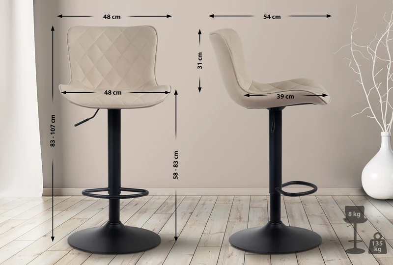Lot de 2 tabourets de bar en synthétique crème pieds en métal noir hauteur réglable pivotant TDB10731