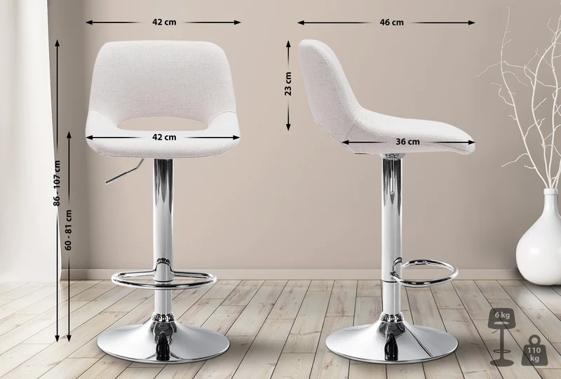 Tabourets de bar chaises haute x2 avec repose-pieds en tissu crème piètement métallique chromé 10_0004093